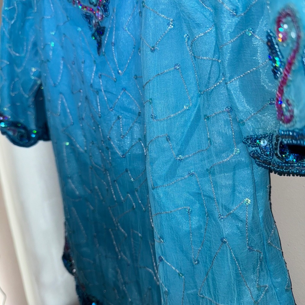 Crystals‎ Women Blouse Size L Turquoise Beaded Sequin Scalloped Hem Mermaidcore - Picture 6 of 13
